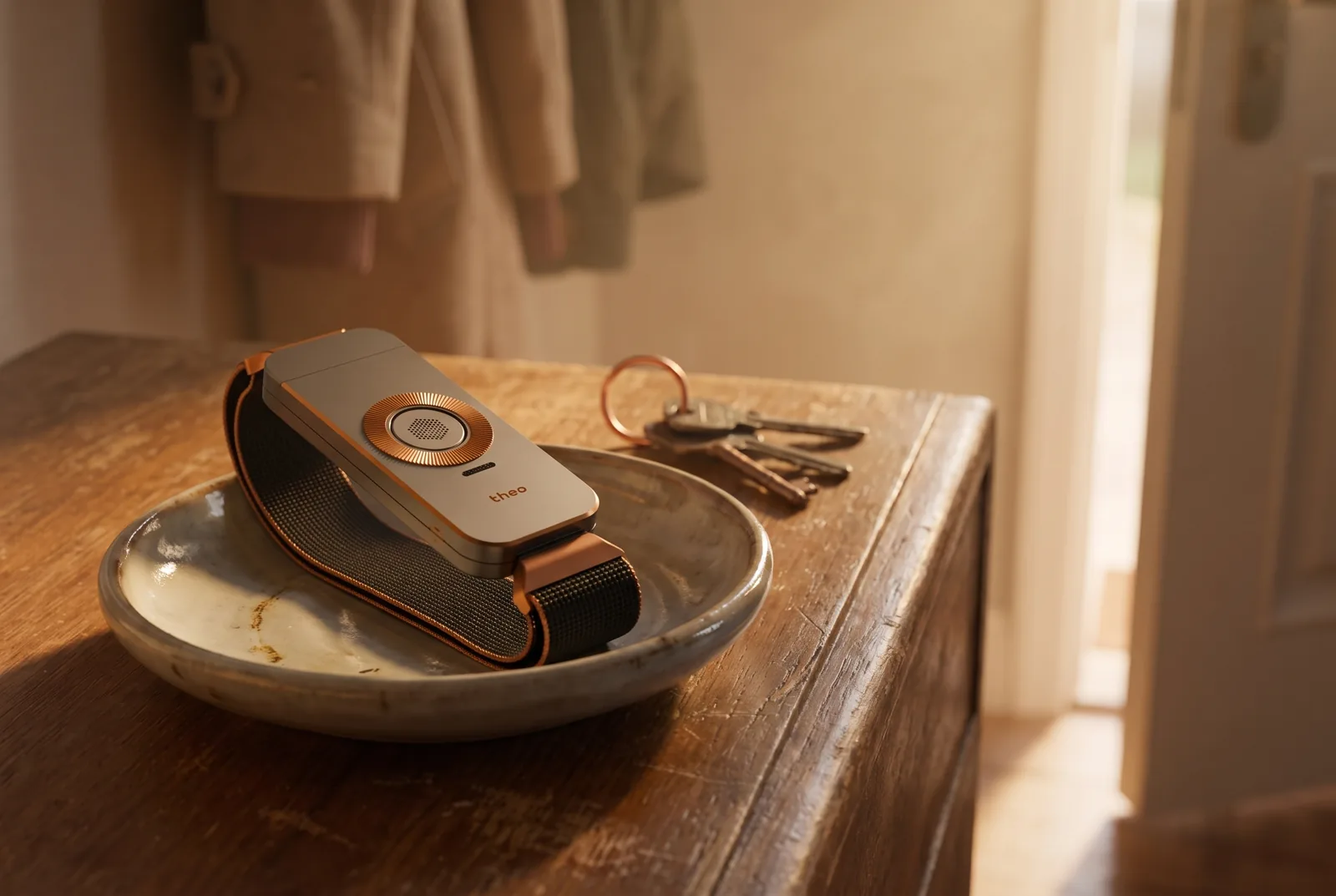 The Iron / Copper band set down in a ceramic tray by the door, beside a set of keys.